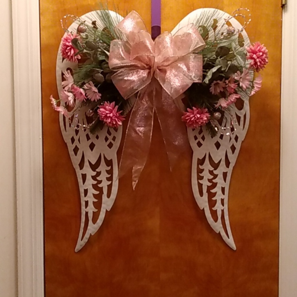 Antique White Angel Wings decorated for Cancer Awareness